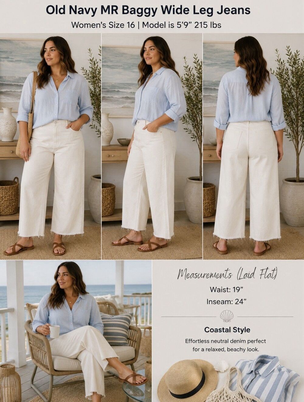 Old Navy Mid Rise Baggy Wide Leg Cropped Jeans Ecru Raw Hem Women’s 16  Coastal